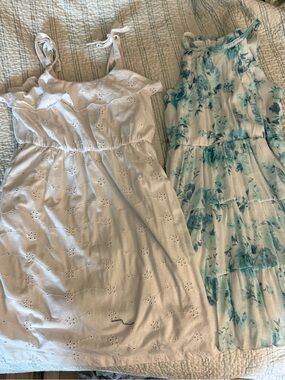 Kids White Eyelet Sundress with Blue Floral Tiered Dress - Pack of 2